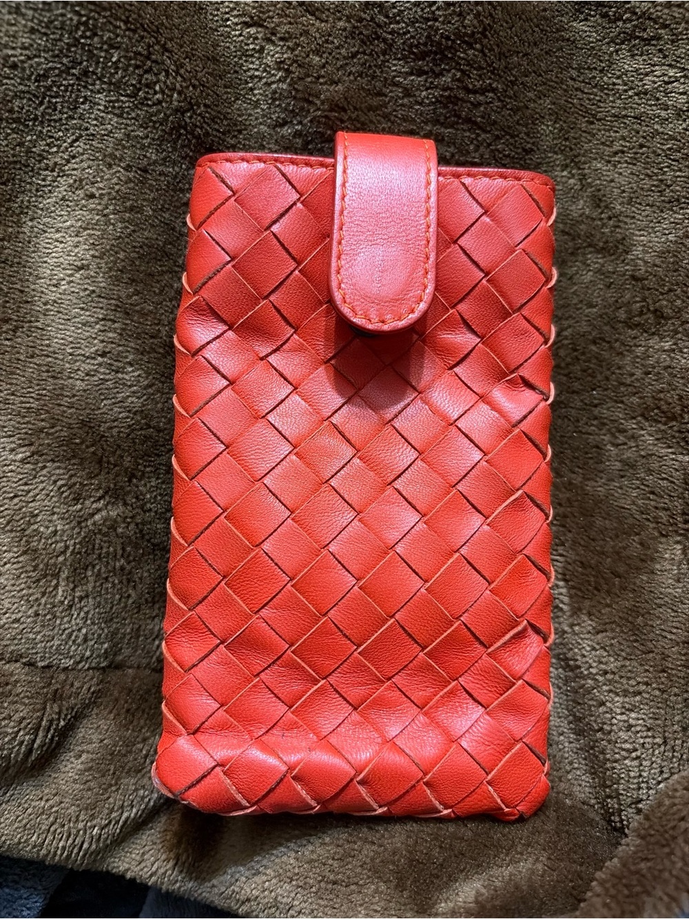 Bottega Veneta Orange Woven Leather Card Holder with Brown Lining